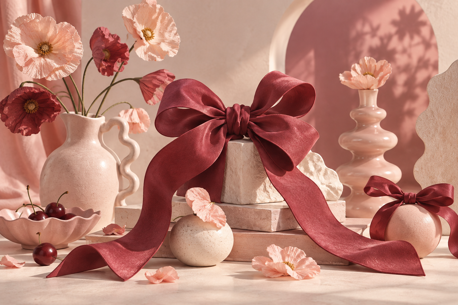soft sculptural cherry-red bows, pastel ceramic shapes and paper flowers, warm blush and cream, joyful still life
